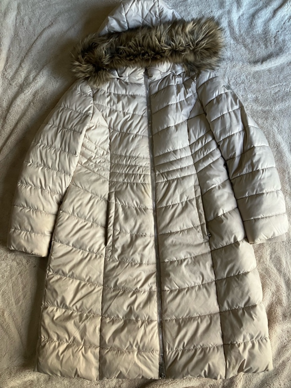 Kenneth Cole Women's Ivory Long Puffer Coat with Faux Fur Trim